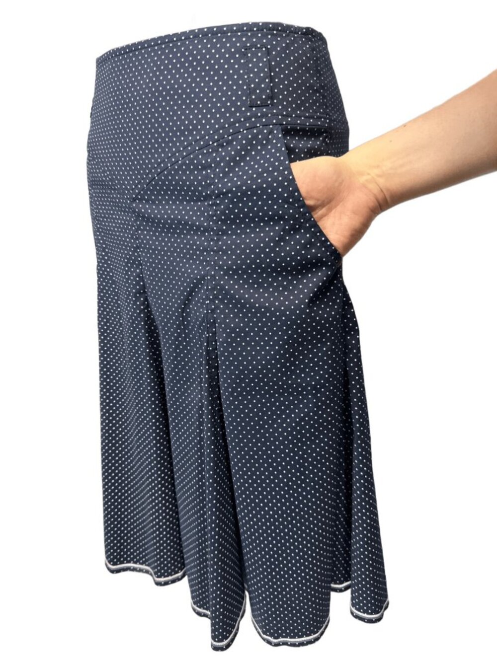 RIANI Polka Dot Preppy Classic A-Line Pleated Stretch Navy White Skirt Size 8 - Picture 3 of 8